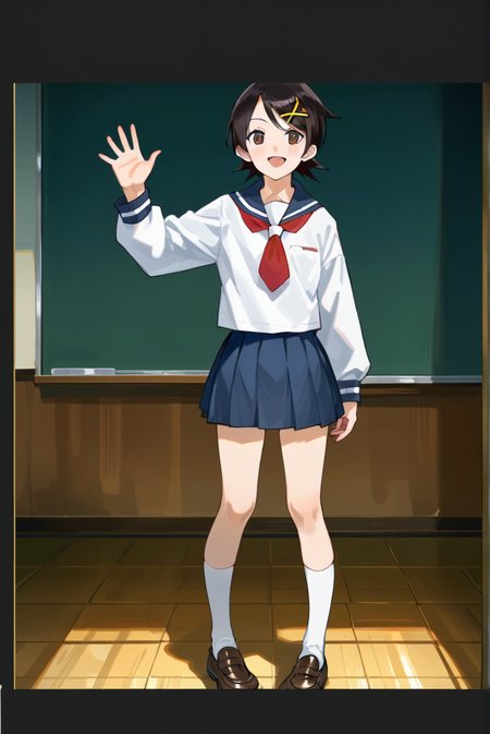 score_9, score_8_up, score_7_up, best quality, masterpiece, source_anime, anime screenshot,  BREAK,  1girl, school uniform, fuuka kakfuka, <lora:fuuka_kafukaz:1> ,in class room , Standing with one hand waving,