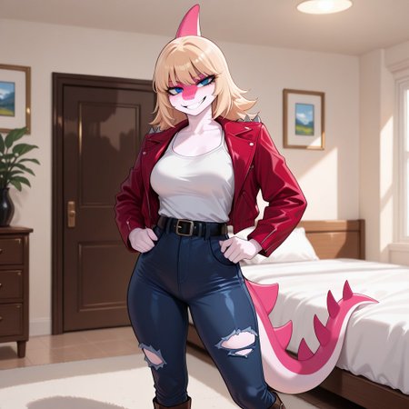 1girl, highres, absurdres, newest, masterpiece, best quality, furry, furry_female, Mia_iwhtg, parasaurolophus girl, white skin, pink head crest, two-tone face, black eyeliner, blonde hair, short hair, pink snout, snout, tail, pink tail spikes, pink tail, two-tone tail, blue eyes, anthro, 1girl, red jacket, white tank top, black belt, ripped blue jeans, brown boots, detailed eyes, (standing:1.1), grinning, smirking, luxurious detailed room, bright room, day scene, professional lighting, white bed, solo, bedroom, smiling, seductive, looking_at_viewer, masterpiece, close up, safe