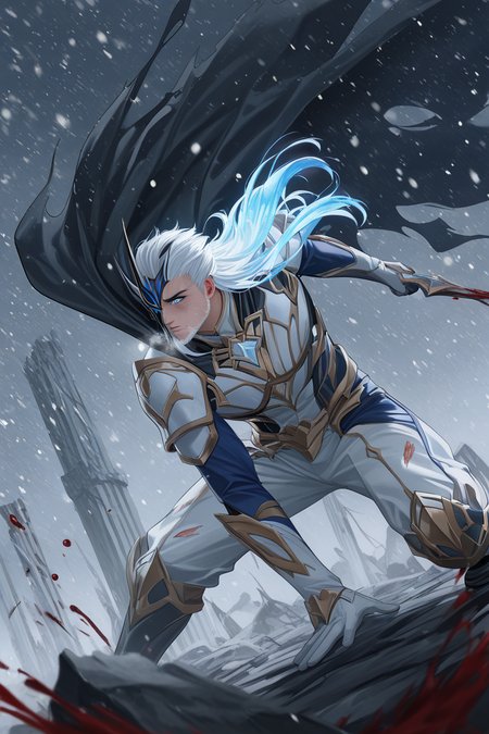 realistic shading, dark environment, dramatic dim lighting, serious expressive face, looking away, pierrogi, white_pierrogi_facial hair, white_pierrogi_long hair, black-blue-gold_pierrogi_one eye mask, blue eyes, glowing eyes, manly, 1boy, wide eyed, gradient long hair, glowing hair, parted lips, breath, furrowed brows, full body, fighting stance, battle, white armor, shirt, torn clothes, white gloves, white pants, black cape, black footwear, blood splash, dark cold outdoors, ruins, godlike, motion lines, motion blur, snowing, winter, windy, floating hair, floating cape, cinematic, dutch angle, dynamic angle, depth of field, atmospheric perspective, intricately detailed illustration, masterpiece, best quality, amazing quality, very aesthetic, absurdres, newest