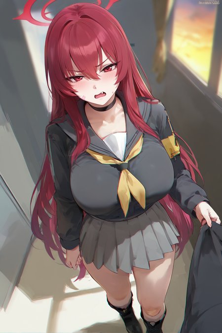 1girl, solo, rabu \(blue archive\) ,blue archive,red eyes, hair between eyes, very long hair, red hair,halo, fang, choker,bandaid, grey skirt, medium skirt, pleated skirt, black footwear,boots, yellow neckerchief, white school uniform,serafuku,school uniform curtains, gray sailor collar, long sleeves, shiny skin, large breasts, gakuran, pov,from above,angry,standing,clothes grab, solo focus, school,hallway,window,evening, msk12003, masterpiece, best quality, very aesthetic, absurdres, newest