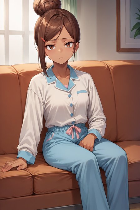 score_9, score_8_up, score_7_up, score_6_up, source_anime, 1girl, solo,  <lora:ueharaayaka-pdxl-nvwls-v1-000006:1> ueaya, brown hair, hair bun, tan, hairclip, light blue pajamas, light blue pajama pants, sitting, couch, tired, looking at you