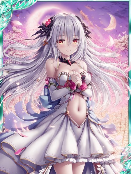 <lora:calamity:1>,1girl,bound,chained,character_name,dress,hair_ornament,long_hair,moon_\\(ornament\\),navel,solo,tree,wedding_dress,wind,smile,