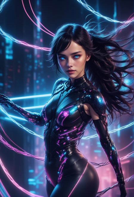 masterpiece, high quality, anime style, 2d, running, heijzel is a cyborg made of Jed-CyFut<lora:CyberFuturisticStyle:0.7> , black choker,medium teardrop breasts,, Heijzel <lora:HeijzelSDXL-000005:0.95>,, Heijzel is a cyborg, created to arouse lust and desire in the other person, her body is well formed, her suit is connected to her body, cables protrude from her bodysuit to the technical devices in the background, the cables are charged with neon light and fill the woman with energy, many cables merge in the most harmonious way of caos in a symbiosis with the background, a sci-fi scenery created to captivate the viewer, Heijzel is pure seduction,  <lora:SDXLFaeTastic2400:0.4>,, She storms towards the viewer, massive speed, focus on the face