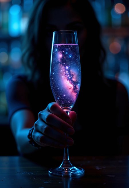 aidmaimageupgrader, they glow at night, a high quality digital image of a highly detailed dank old bar, the bar is dark and grimy with lots of shadows, we see a woman mostly hidden by shadow holding up a champagne flute for inspection,  the glass contains an intricately detailed universe, within the universe we see a variety of stars, nebulae and galactic dust detailed in bright and vivid colours, the universe has a slight liquid appearance
