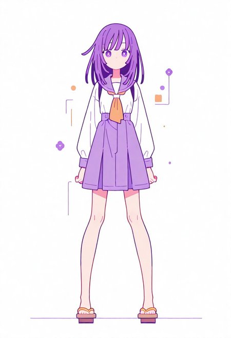 Flatline, Flat vector illustration, looking at viewer, full_body, 
nadeko, long hair, long bangs, school_uniform, sailor, 
slim, slender, knees, beautiful legs, barefoot, geta wooden sandals, 
from front, front view, straight-on, look at viewer, standing, (legs apart:1.4), 
white background,