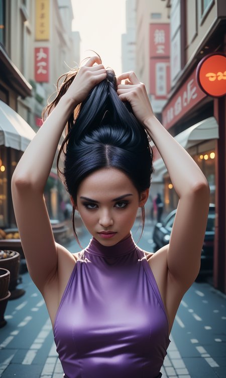 score_9, score_8_up, score_7_up, score_6_up, (front view)+++ , slim girl in street cafe, holds hair  , purple short dress  , long dark hair   <lora:MakePonytailPony-000005:1>