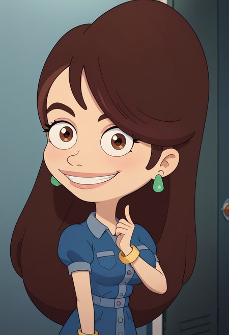 ((bedroom background)),score_9, score_8_up, score_7_up,score_6_up, 
1girl, Solo, Devin_BM, light skin, brown eyes, reddish brown hair, reddish brown eyebrows, long hair, green oval-shaped earrings, golden bracelets, golden ring, blue denim dress with buttons, brown lace-up ankle boots, big eyes, medium stature, social smile, sexy face, close-up, face photo, perfect eyes, perfect smile, looking at the viewer, big breasts