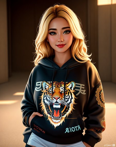 Masterpiece, absurdres,award winning photo, extremely detailed, amazing, fine detail, extremely detailed eyes and face, by lee jeffries nikon d850 film stock photograph 4 kodak portra 400 camera f1.6 lens rich colors hyper realistic lifelike texture dramatic lighting unrealengine trending on artstation cinestill 800 tungsten, beautiful blonde woman , slim, tiny waist, smiling, excited

<lora:HoodiesLoRA:0.675>,hoodie, a woman posing for a picture ,chinese style, intricate tiger print and embroidery, wearing hoodie,