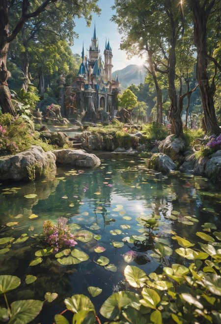 (beautiful fantasy landscape), sharp focus, no blur background, ((very detailed)), small rock, (water ripples) reflections, magic castle,  river (pond), elven fairies forest, ((elven fairies village)), stunning nature aquatic environment , enchanted land, (bright sunny sky), (high contrast), cinematic (lights), backlight, (shadows), lens flare, vibrant colors, colorful, [Kelly Green flowers] and leaves, (pretty), (beautiful), loving,