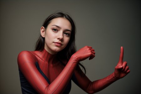 Marvel movies,from below,photo of a 18 year old girl,spiderman,pointing at viewer,happy,ray tracing,detail shadow,shot on Fujifilm X-T4,85mm f1.2,sharp focus,depth of field,blurry background,bokeh,lens flare,motion blur,<lora:add_detail:1>,<lora:LCM_LoRA_Weights_SD15:1>,