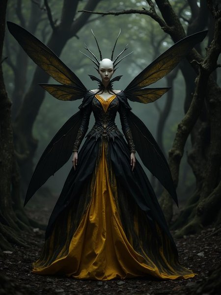 <lora:Dark_Fantasy_Anime-000021.safetensors:1>
A regal, insect-like figure stands in a mystical forest, surrounded by twisted dark trees. Its smooth head is adorned with antennae, and it wears an elaborate gown that combines black and yellow hues. The garment's folds resemble delicate insect wings, while sharp, angular wings protrude from its back, exuding power and mystique. The overall composition is a masterful blend of fantasy and style, inviting the viewer to ponder the story behind this enigmatic being.