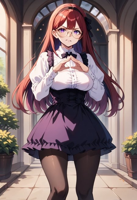 safe_pos, score_9, score_8_up, score_7_up, score_6_up, score_5_up, AliceWaifu, 1girl,solo girl, Purple eyes, long red hair, (Large breast), purple colored inner hair, victorian dress, black pinafore, black pantyhose, black hairband, Brown shoes, disgusted face, round_glasses22A, mansion, peachhands, face fix