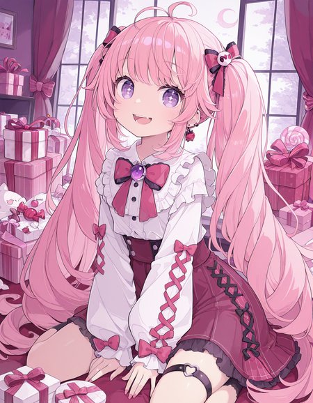 masterpiece,  best quality, newest, highres, absurdres,<lora:Chon_style:1>,1girl, twintails, pink hair, solo, long hair, window, bow, purple eyes, candy, food, bangs, skirt, smile, very long hair, gift, open mouth, looking at viewer,  long sleeves, ahoge