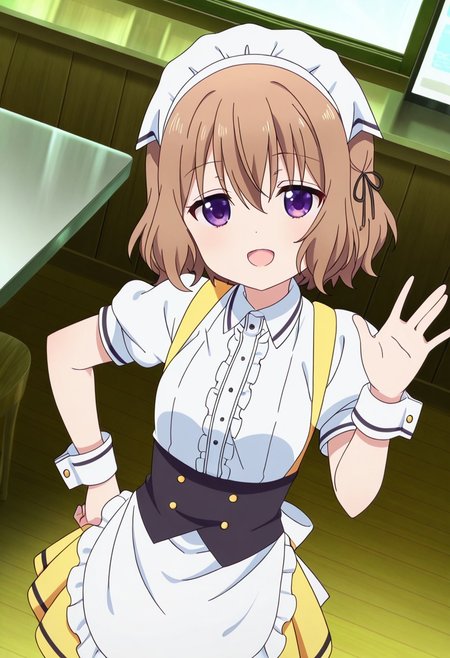 general,highres, ultra-detailed,very aesthetic,best quality ,best hands,best eyes,easynegative,
dynamic angle, dutch angle, anime cloring,anime screencap,
1girl solo,looking at viewer,Cafe,indoors, waving hand, hand on hip, smile, open mouth, 
Mafuyu HOSHIKAWA,purple_eyes, brown_hair, short_hair, hair ribbon, black ribbon, small breasts, short body, petite,waitress costumes,