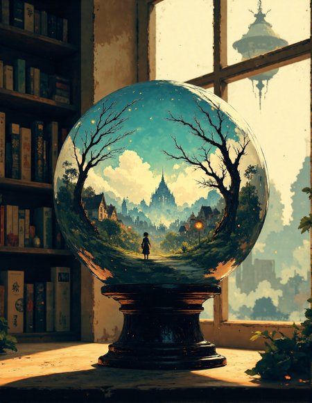Crystal ball containing a miniature village: A large, clear crystal ball rests on an ornate wooden base, positioned among rows of books on a bookshelf. Inside the sphere, a miniature village with traditional Japanese-style houses, lush trees, and winding paths is visible. The scene is bathed in warm sunlight coming from a window. Focus on the intricate details of the miniature village and the distortion of the image through the sphere. Anime/Miyazaki-esque style, <lora:aidmaMJ6.1_v0.5_3:0.7>, <lora:ìë¬µí:1>