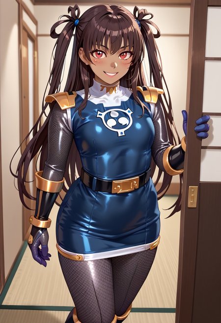score_9, score_8_up, score_7_up, BREAK,
1girl, solo, defYuki, tan, dark-skinned female, brown hair, red eyes, two side up, long hair, sentaikageblue, shiny clothes, spandex, silver bodysuit, fishnet bodysuit, bodysuit under clothes, black dress, shoulder pads, black belt, black gloves, boots, boots, blush, small smile, looking at viewer, indoors, tatami, sliding door, room, night,