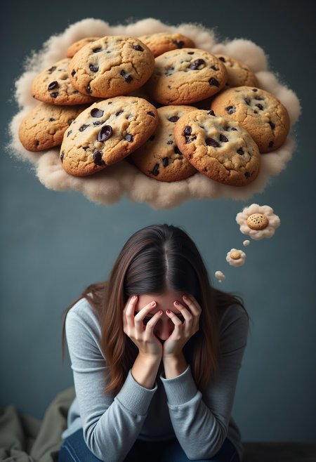 A sad woman sits with her head in her hands, her shoulders slumped in despair. Above her, thought bubbles filled with warm, freshly baked cookies float dreamily, their golden-brown texture and gooey chocolate chips almost tangible. The contrast between her sorrowful posture and the comforting, sweet memories in the thought bubbles creates a poignant image, highlighting her longing for simple joys in a moment of sadness <lora:Dever_Flux_Enhancer:0.5>
