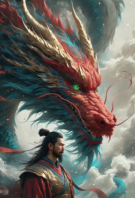 minimalism style, WLOP art style, a character worrior , facial muscles,  eye light, dragon behind, cinematic foootage,  fantasy, intricate details,8k post production,dark red gold tone blue  white green