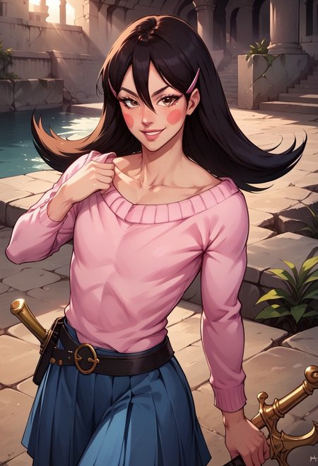 OkamaitachiOPM, 1girl, solo, otoko no ko, black hair, long hair, hair between eyes, hair ornament, hair clip, brown eyes, lips, blush stickers, collarbone, flat chest, boat neck pink sweater, long pleated blue skirt, belt, weapon, sabre, leather stiletto ankle boots,
seductive pose, sexy pose, tease,  in the spotlight,,
smile, ruins,
score_9, score_8_up, score_7_up, beautiful aesthetic, very intricate, high quality details,vibrant, highly detailed, award-winning, professional,anime artwork, anime style, studio anime, athletic, curvy body, athletic, looking at viewer, pinup pose, teasing, dynamic lighting, cinematic, smug, better than you, aura of temptation, highly detailed, high resolution, masterpiece, detailed clothes, detailed background, highly detailed, ((sound effects)) comic layout,
