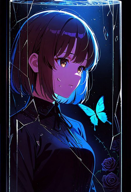 masterpiece, best quality, newest, absurdres, highres, 1girl,Megumi <lora:IL-KatoMegumi:0.8>,brown hair,katou megumi,brown eyes,medium breasts,short hair, electricity, abstract, breaking, shattered, glass, broken glass, monochrome, spot color, blue and black theme, dark, sad, gothic, black rose, thistles and thorns, flora, black and thick liquid, fog, blue butterfly, underlighting, strong visual impact, film lighting, (different reflection, reflection, glass shards:1.2), An ethereal sketch using lineart techniques and wet on wet painting, shatter across face, tomoe \(symbol\), <lora:Detailer_NoobAI_Incrs_v1:1.1>, detailed, time paradox, multiple views, black background, photo \(medium\), simple background