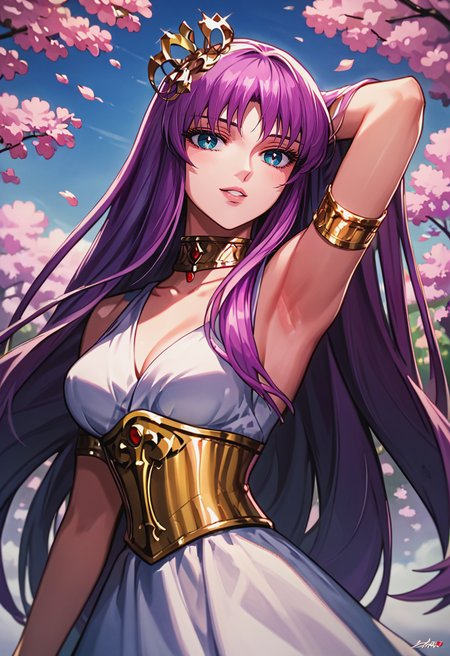 score_9, score_8_up, score_7_up, best quality, intricate details, source anime, rating explicit, BREAK
Placing hands behind head, love gaze, blush, parted lips, light smile, head tilt, 
athenakido, purple hair, long hair, aqua eyes, sleeveless dress, <lora:SaoriKido_Pony_v02-10:1> 
corset, armlet, crown, choker, 
serene courtyard with cherry blossom trees in bloom,