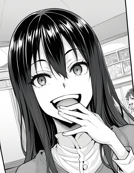 score_9, score_8_up, score_7_up, source_anime, sakiyoshida, <lora:saki-yoshida-manga-ponyxl-lora-nochekaiser:1>, saki yoshida, long hair, hair between eyes, monochrome, greyscale, black hair,, <lora:ojou-sama-pose-ponyxl-lora-nochekaiser:1>, ojou-sama pose, laughing, smug, hand to own mouth, open mouth,, indoors, smile,, cowboy shot, dutch angle, looking at viewer,
