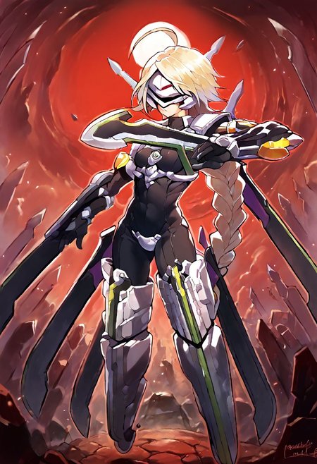 score_9_up, score_8_up, score_7_up, Score_6_up, Score_5_up, Score_4_up, source_anime, (masterpiece, perfectly detailed, detailed face, detailed eyes, beautiful eyes), (ultra HD quality details), 8K, extremely detailed, highres, Mevak_PS, lambda-11, blonde hair, ahoge, red eyes, single braid, ahoge, armor, battle damage, black bodysuit, blonde hair, bodysuit, braid, breasts, broken armor, broken eyewear, covered eyes, covered face, crotch plate, falling rock, floating, floating object, floating sword, floating weapon, groin outline, hair weapon, incoming hug, long hair, mecha musume, one eye covered, pauldrons, red eyes, red sky, ruins, shoulder armor, single braid, sky, small breasts, solo, sword, torn clothes, very long hair, visor, weapon