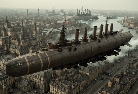 masterpiece, best_quality, very_aesthetic, highres, absurdres, ultra detailed, airship,  battleship, steampunk, Victorian, 
flying over Victorian city,
 airship, vehicle focus, no humans, military vehicle, military, science fiction, aircraft flying, radio antenna, cannon, machinery,rocket launcher,
dark iron, navy gray vehicle, 
spiral, pipe ,rivets, ,wire,