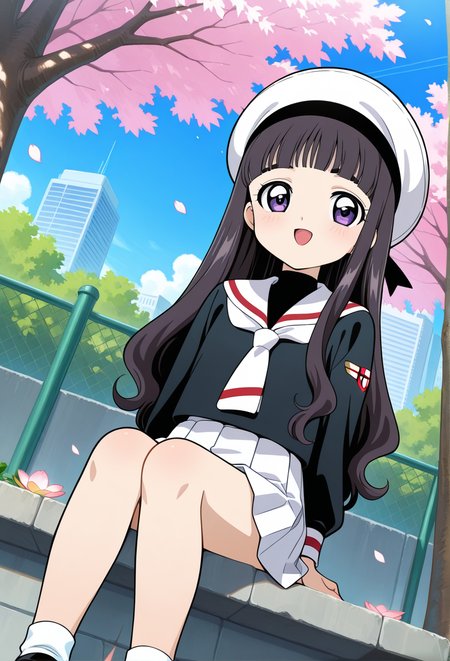 park, sakura tree, flower petals, clouds, cityscape, day,
BREAK,
open smile, sitting,
full body,
dynamic angle,
BREAK,
<lora:tomoyoS_illustriousXL_v03:0.9>
tomoyodef, black hair, blunt bangs, tomoeda elementary school uniform, long hair, purple eyes, black shirt, sailor collar, school uniform, white neckerchief, white sailor collar, long sleeves, white beret, straight hair, purple eyes, white socks, black mary janes,, source_anime, very aesthetic, anime coloring, masterpiece, 
best quality, amazing quality, ultra detailed, very aesthetic, 
detailed background, 
BREAK,