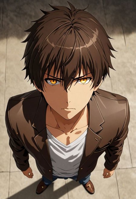 Highres, Masterpiece, High Quality, 4K, 8K, solo, 1Boy, Seiya Kanie, short dark brown hair, golden eyes, standing, straight facing upwards, casual, seen from above, arrogant face, dominant, intimidate, easynegative, detailed_eye_model