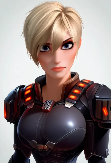 masterpiece, best quality, very aesthetic, absurdres,
realistic,render, 3d,
1girl, sgtcalhoun , blonde hair, short hair, blue eyes,
armor, bodysuit,
upper body, full body, looking at viewer, solo, simple background, white background    <lora:SgtCalhounNoobXL_byKonan:1>