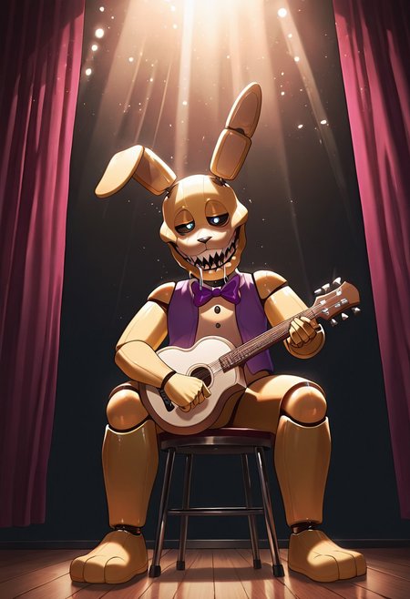 masterpiece, best quality, amazing quality, very aesthetic, absurdres, newest, detailed background, foreground blur, (( )),
springbon, teeth, rabbit ears, purple bowtie, sharp teeth, animatronic, robot joints,, 1boy, smile, big head, big mouth, wide head, wide face, drooling,, 
matte skin, half closed eyes, closed mouth, white sclera, big pupils, blue pupils, 
on stage, holding banjo, sitting on stool, stage lights, stage decoration, curtains, sun beam, wooden floor, purple vest, dynamic angle,