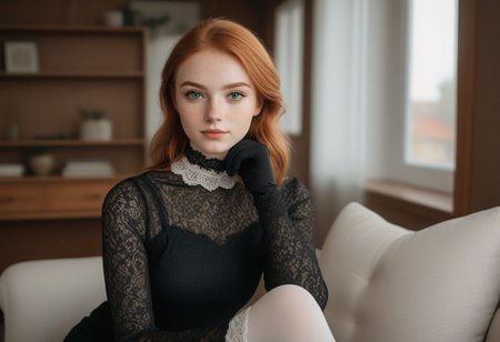 portrait, upper body, close up, cute woman, beautiful, 20 years old, green eyes, (black bold eyeliner, makeup:1.3), freckles, soft smile,  shoulder length ginger hair at side, ear, 
living room, black lace lingerie, white stockings, open shirt, beautiful legs, lace gloves, black choker, 
hyperdetailed analog photo, Cinematic, wooden house,