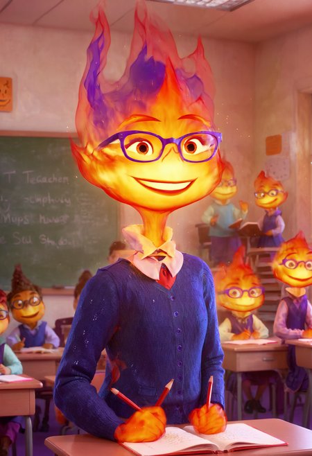 concept art happy (disney studio Ember:1.1) as a teacher at school classroom, glasses <lora:Ember:1>, digital artwork, illustrative, painterly, matte painting, highly detailed