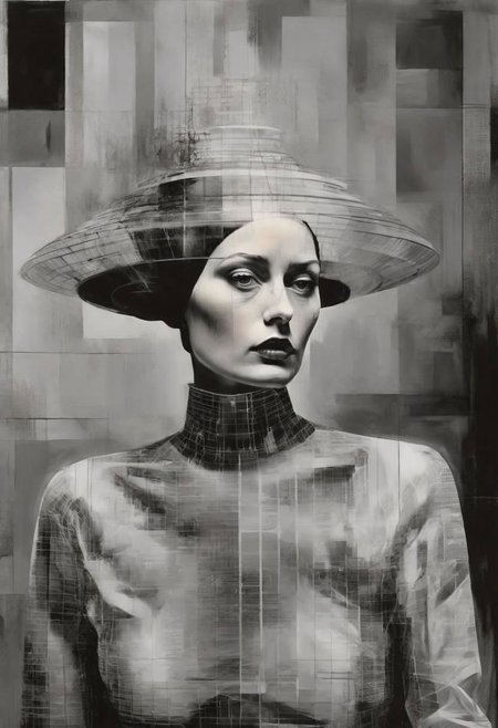Monochrome black and white, Dali, Magritte, Delvaux, Bellmer, Malevitch, Rodchenko, Mondrian, Kandinsky, Popovna, psychedelic hallucination, pop surrealism, rough crosshatch drawing pop art Lunatic_Portrait of a young woman in latex Avant-garde Fashion page, slick back, low bun, black makeup, sinister expression, intense glare, avant-garde, abstract, weird, geometric, constructivism, suprematism, rayonism, verticism, lineism, tj