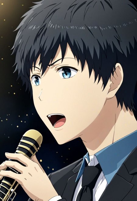 high resolution, solo, best quality, 1Boy, Arata Kaizaki, Black Hair, Blue Eyes, singing, portraits, dept of field, virtual concert, playing musical instrument, OverallDetail