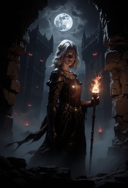 A young woman with shoulder-length wavy Silver hair is shown from the torso up,  a medieval maiden from ireland, set in a dark damp castle, moody lighting , holding a flaming torch , red eyes peer out at her from dark corners, theres an eerie mist in the room and a full moon lighting the night   <lora:dark_fantasy_flux:0.83> <lora:FredFraiStyle-FLUX-Share:0.63> <lora:sxz-Dark-Fantasy-v2-Flux:0.33> drkfnts style,