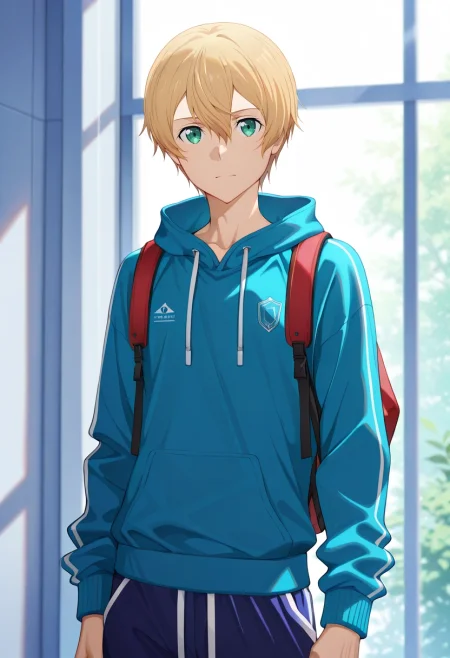 masterpiece, best quality, intricate details, (realistic:0.6), looking at viewer, 1boy, solo, male focus, <lora:eugeo_sao_ilxl:0.92>, eugeo_sao, blonde hair, green eyes, bangs, hair between eyes, short hair, , , Athletic sweatpants, Ikat Tulle Polo hoodie, , , and andLaptop Backpack