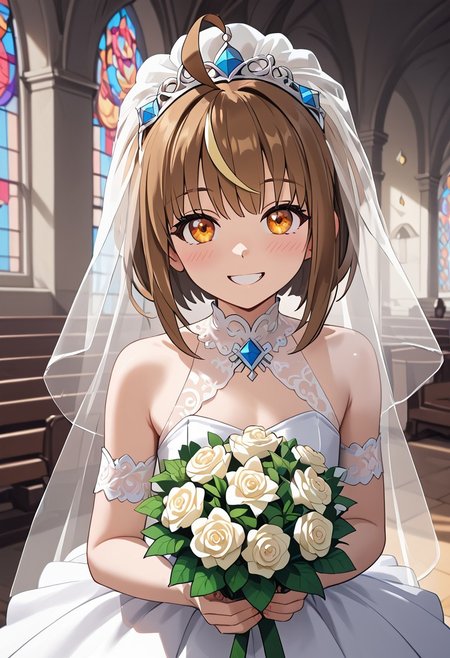score_4,score_5,score_6,score_7_up,score_8_up,score_9 ((masterpiece,best quality,ultra detailed,highres,HD,4k:1.2)), 
1 femboy, solo,solo focus,femboy focus,face focus,
Shiron(normal),brown hair,multicolored hair,yellow streaked hair,bangs,ahoge,sidelocks,orange eyes, petite,
wedding dress, wedding veil,bouquet,
wedding ceremony, church,
looking at viewer,happy,light smile,blush,