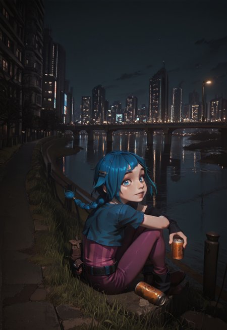 IllusP0s, masterpiece, best quality, amazing quality, newest, very aesthetic, ultra detailed, highres, absurdres, highly detailed, highly detailed background,  HDR, 8K, high resolution, possmach, G0thicL1nes, muted color, high detail, very awa,  BREAK, PowderS1, young-jinx, league of legends, 1girl, young, freckles, blue hair, very short hair, short braid, hairclip, hair_flaps, blue eyes, small breasts, BREAK, blue shirt, cropped shirt, short sleeves, double clothes, pink undershirt, pink sleeves, belt, shorts, black arm warmers, pink leggings, BREAK, pose, knees to chest, high up, parted lips, full body, smile, wind lift, sitting, looking back, looking at viewer, drink can, bouncing hair, from above, detailed skin, BREAK , outdoors, night, building, river, city, lamppost, sky, grass, bridge, road, cityscape, night sky, city lights, skyscraper, water, tree, real world location, reflection, embankment,
