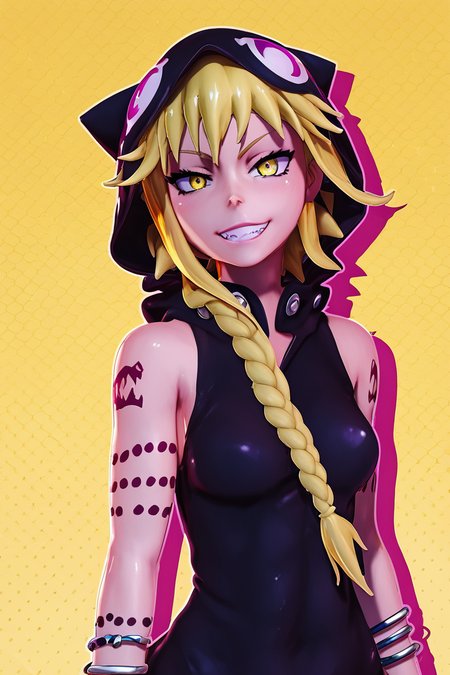 score_9, score_8_up, score_8, medium breasts, (curvy), cute, eyelashes,       BREAK, , zzMedusa, blonde hair, long hair, braid, yellow eyes, tattoo,  hood, jewelry, bracelet, sleeveless, nail polish, hoodie, braid, black nails,  <lora:Medusa_SoulEater_PDXL_v2:1.0>, BREAK, smile, looking at viewer, cowboy shot, ,,, embedding:zPDXL, Expressiveh, ,,, <lora:Zy0n7_PDXL:0.8>, <lora:SDXLFaeTastic2400:0.5>, <lora:Expressive_H-000001:0.4>,