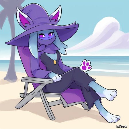 Katress,blue fur, purple clothing, black clothing, purple hat, witch hat, purple eyes, long sleeves,
, feet, paws, solo, 
on back, beachchair, beach, day, ocean, clouds, palms,
digital drawing,
<lora:Katress_basesdxl:1>