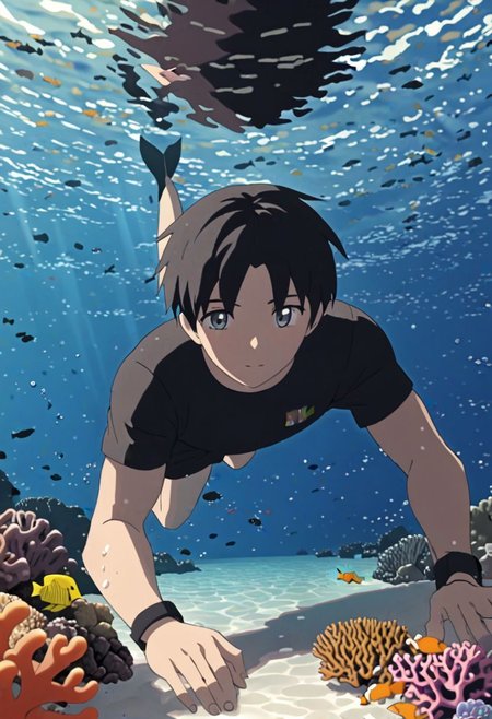 Highres, Masterpiece, High Quality, 4K, 8K, solo, 1Boy, Takaki Toono, adult, black hair, short hair, sea water, clear, calm, coral reefs, fish, marine life, diving, snorkeling, without snorkel equipment, wet, easynegative, detailed_eye_model