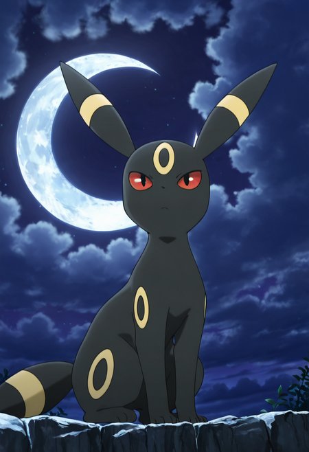 masterpiece, best quality, anime screencap,  zzUmbreon, (moon focus, crescent moon),    ,<lora:UmbreonPokedex_IXL:1.0>,