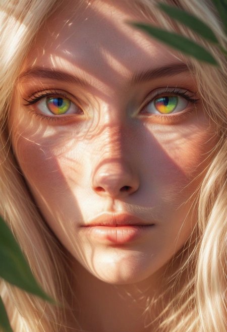 French blonde, cute face, Rainbowiridal cat eye close-up, cat eyes pupils, plant shadows on facea realistic eye eyes glowclear eye features, behance stylefront viewmorning sunlightfilm style