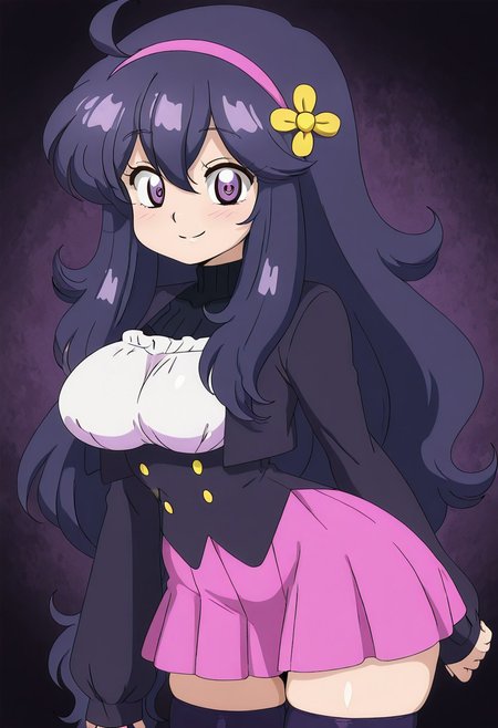 masterpiece, best quality, solo, curvy, beautiful eyes, narrow waist, wide hips, 1girl, solo, smile, looking at viewer,  zzVioletta,  hex maniac (pokemon), long hair, ahoge, purple hairband, purple eyes, large breasts,,   jacket, sleeves past wrists, pink skirt, black thighhighs, zettai ryouiki,   
side view, ass, leaning forward, cowboy shot, smile, looking at viewer, shiny skin,