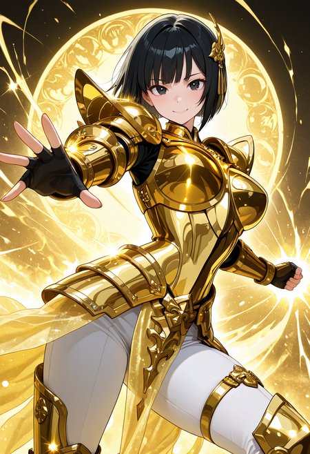 masterpiece,best quality,amazing quality, very aesthetic, ((outlined outlined vector graphics)), cute face, (glow eyes:0.5) ,  from front,  looking at viewer ,detailed background,
1girl,
20yo, black hair, black eyes, short bob hair, hair pin,mdeium  breast, slender,(white thigh strap:1.1),
,solo,cute face,
happy  ,  golden armor, golden-mythril-armor ,  , glowing, glittering , glimmering , pants , action pose, clothed <lora:golden-mythril-armor-il-01:0.8>