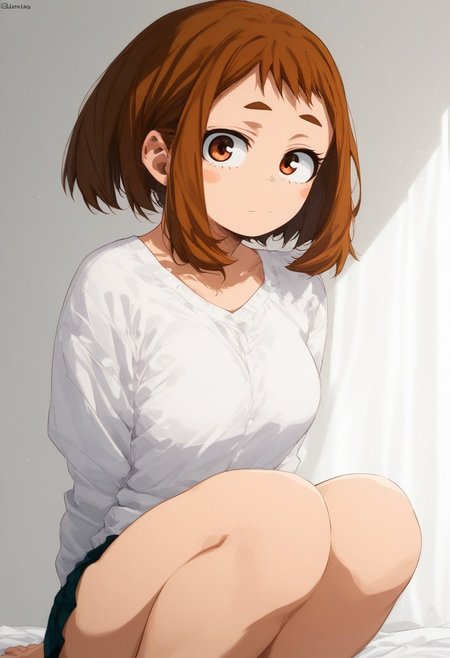 flatshinyskin, score_9, score_8_up, score_7_up , Ochako Uraraka (prBl, 1girl, solo, short hair, brown hair, brown eyes))  , MANGASTYLE, Sitting, on knees, seductive pose, breasts, solo, 1girl, looking at viewer, side angle, side portrait, facing viewer, hands behind back, kneeling down