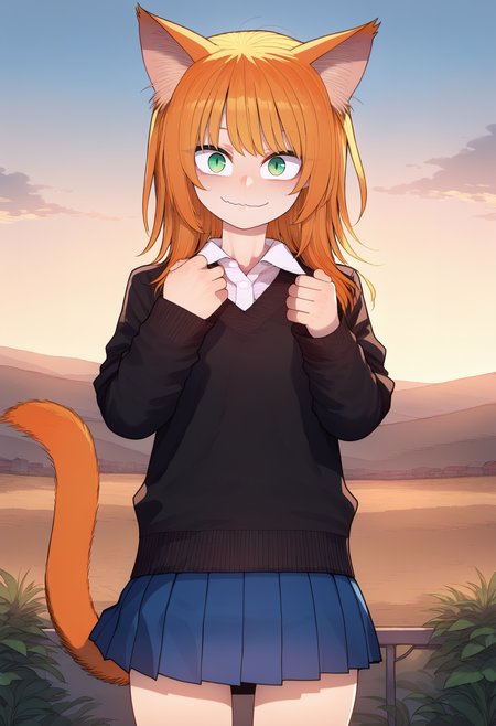 score_9, best quality, masterpiece, uncensored, source_anime
BREAK
1girl, solo, long hair, looking at viewer, blush, smile, bangs, skirt, shirt, long sleeves, animal ears, closed mouth, underwear, school uniform, green eyes, standing, tail, white shirt, cowboy shot, pleated skirt, outdoors, day, collared shirt, cat ears, miniskirt, orange hair, sweater, blue skirt, cat tail, wavy mouth, wing collar, slit pupils, wind, sleeves rolled up, wind lift, black sweater, hands up
<lora:merratatustle_pony_v6:1>