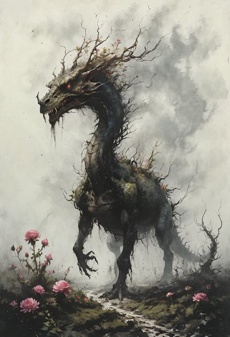(masterpiece, best quality, hyper detailed, ultra realistic, 32k, RAW photo), masterful painting in the style of Anders Zorn | Marco Mazzoni | Yuri Ivanovich, Todd McFarlane, oil on canvas, perfect composition and chiaroscuro by Rembrandt, concept art by Mariusz Lewandowski, by Louis Aston Knight, by Karine Eibatova, by John Howe, by Jessica Rossier, by JarosÅaw JaÅnikowski, by Inessa Garmash, by HenriÃ«tte Ronner-Knip, by Harumi Hironaka,famous artwork inspired by (jesper myrtos:1.2) and (aleksi briclot:1.3) and (brian despain:1.1), (dramatic scene:1.4), (fractal art:1.2), fantasy style, dynamic angle, depicted is the "cross-eyed puddlevlorm", an immense karvyturbled primeval herbivore with his extremely long neck and barbed tail roaming the (lush flower-covered plains:1.4) of planet "gramuflak ix" under a tempestuous sky, this (fearsome creature:1.4), marked with colorful striking patterns has no resiliforged enemies, despite his slormspiggled nature <lora:Desolation:0.8> <lora:add-detail-xl:0.8>